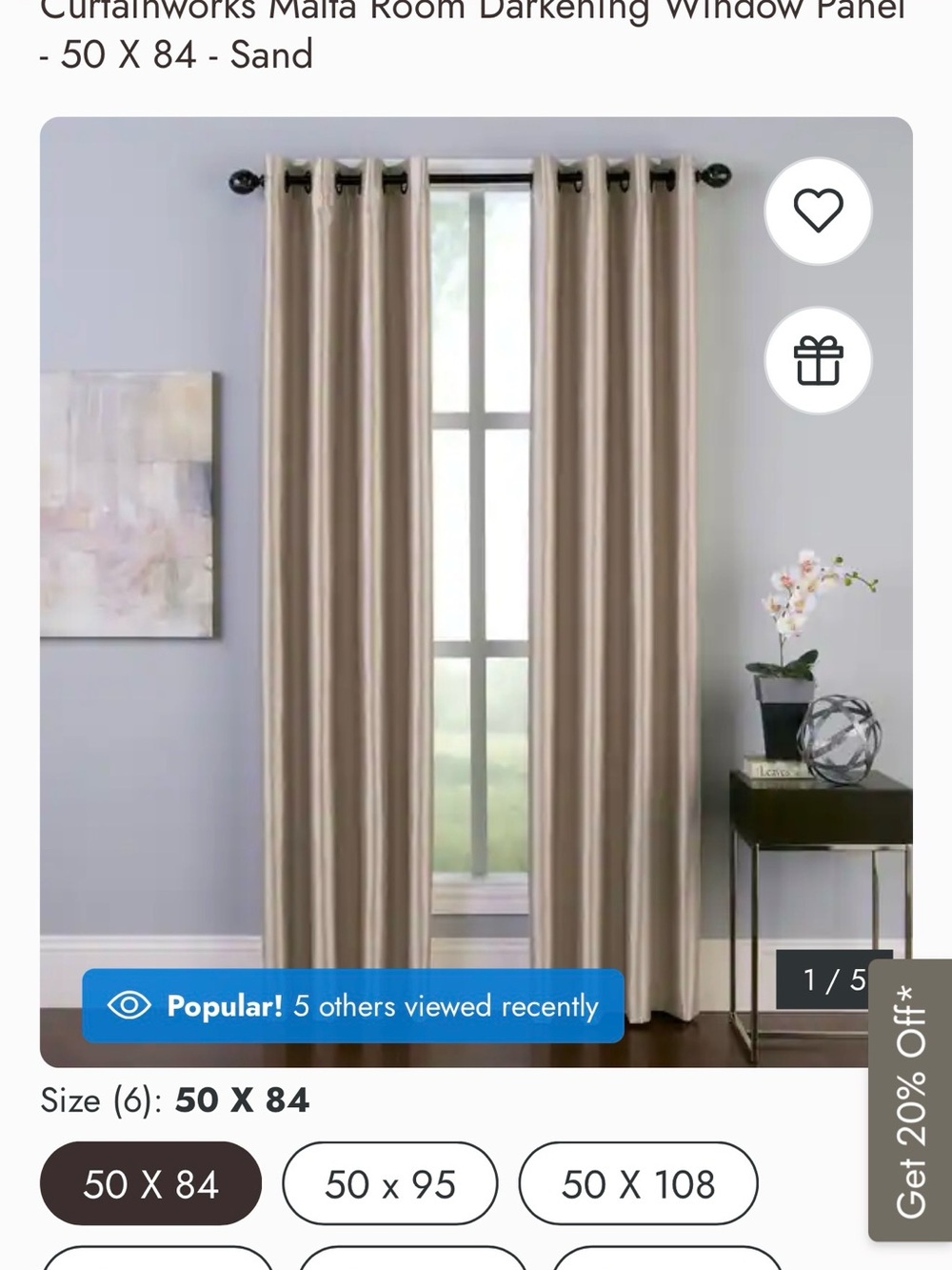 Curtainworks,  2 panels,  silk-look curtain, 
color Sand,  50” wide X 84” long